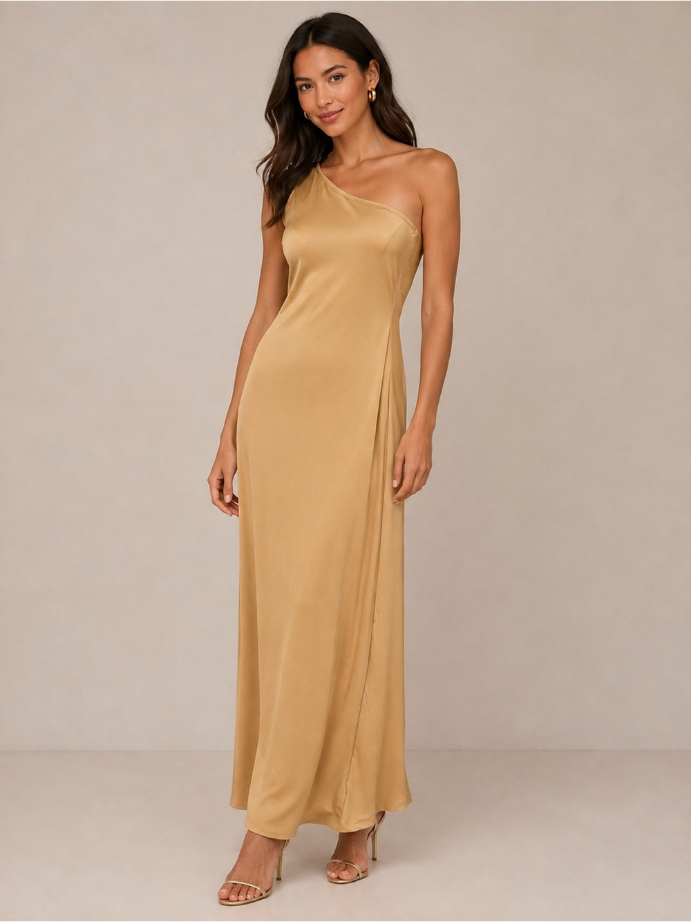 White Closet One Shoulder Gold Champagne Maxi Dress Size S